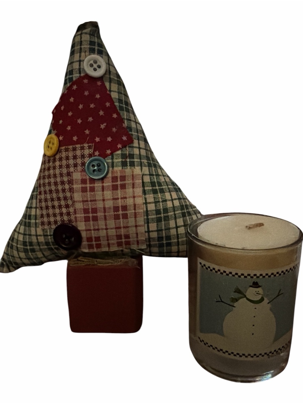 Country Home Holiday Red Patchwork Tree Decor with Buttons and Snowman Candle